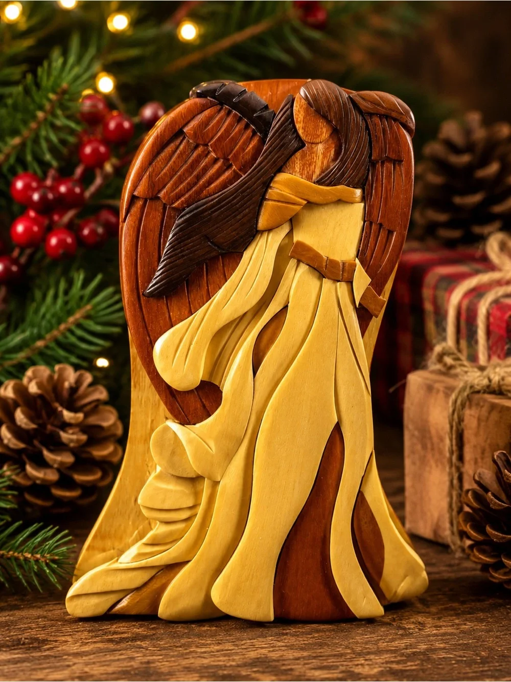 Vintage Hand Carved Wooden Christmas Angel Puzzle‎ Trinket Box Hidden Secre